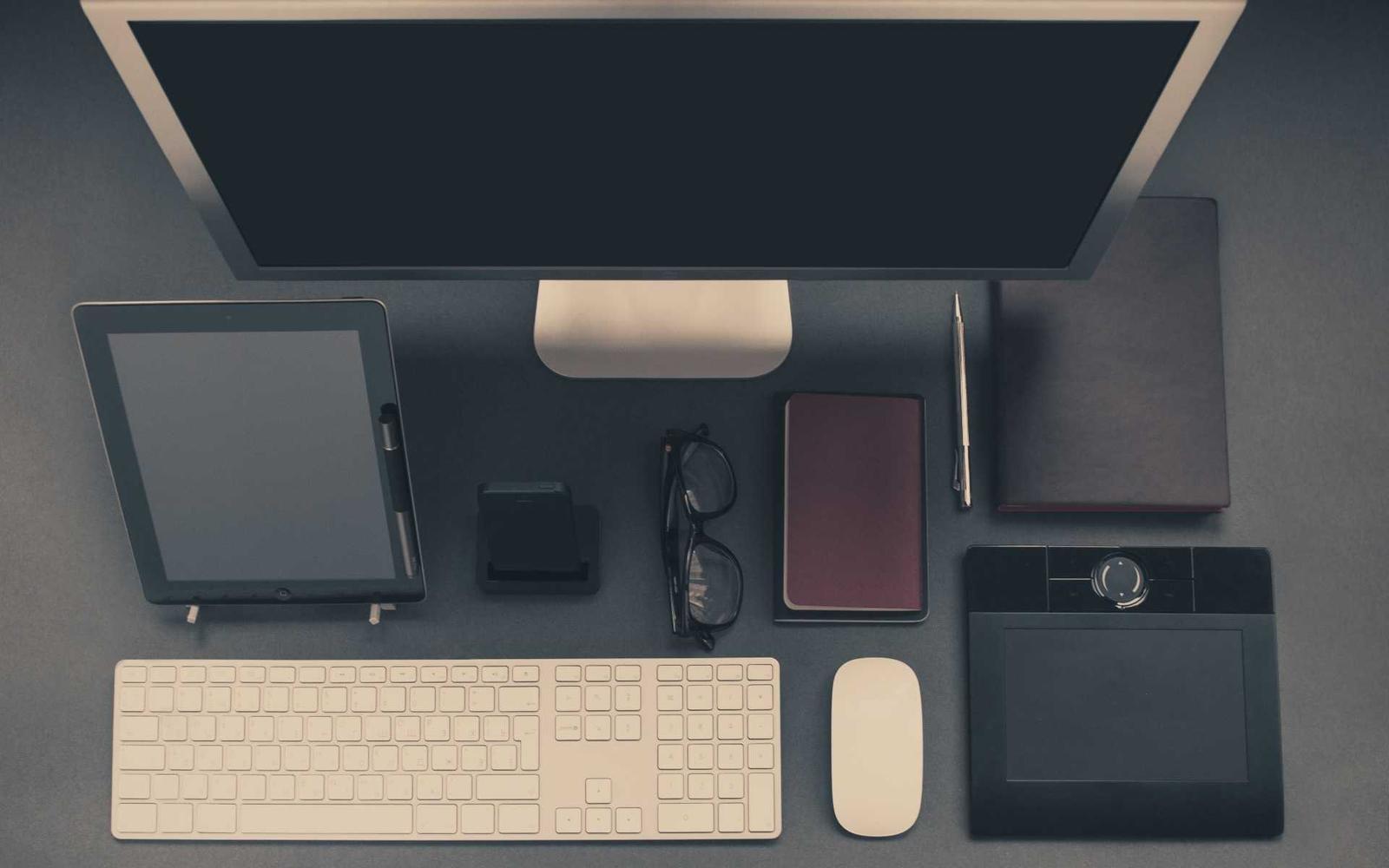 A focused workspace at dusk